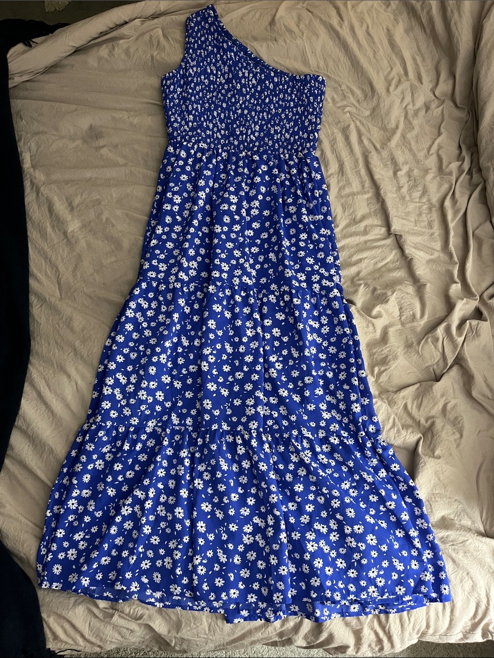 One-Shoulder Blue Floral Maxi Dress